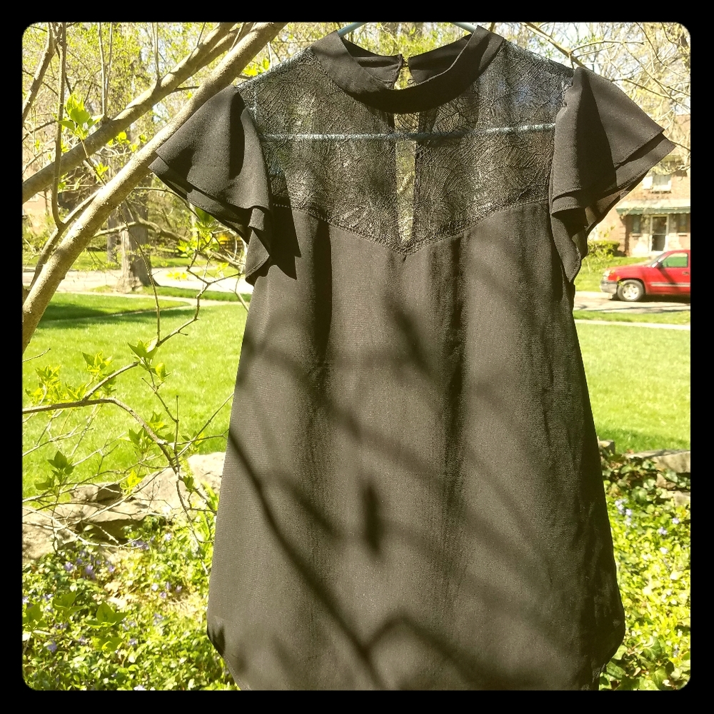 Lace yoke mock neck top